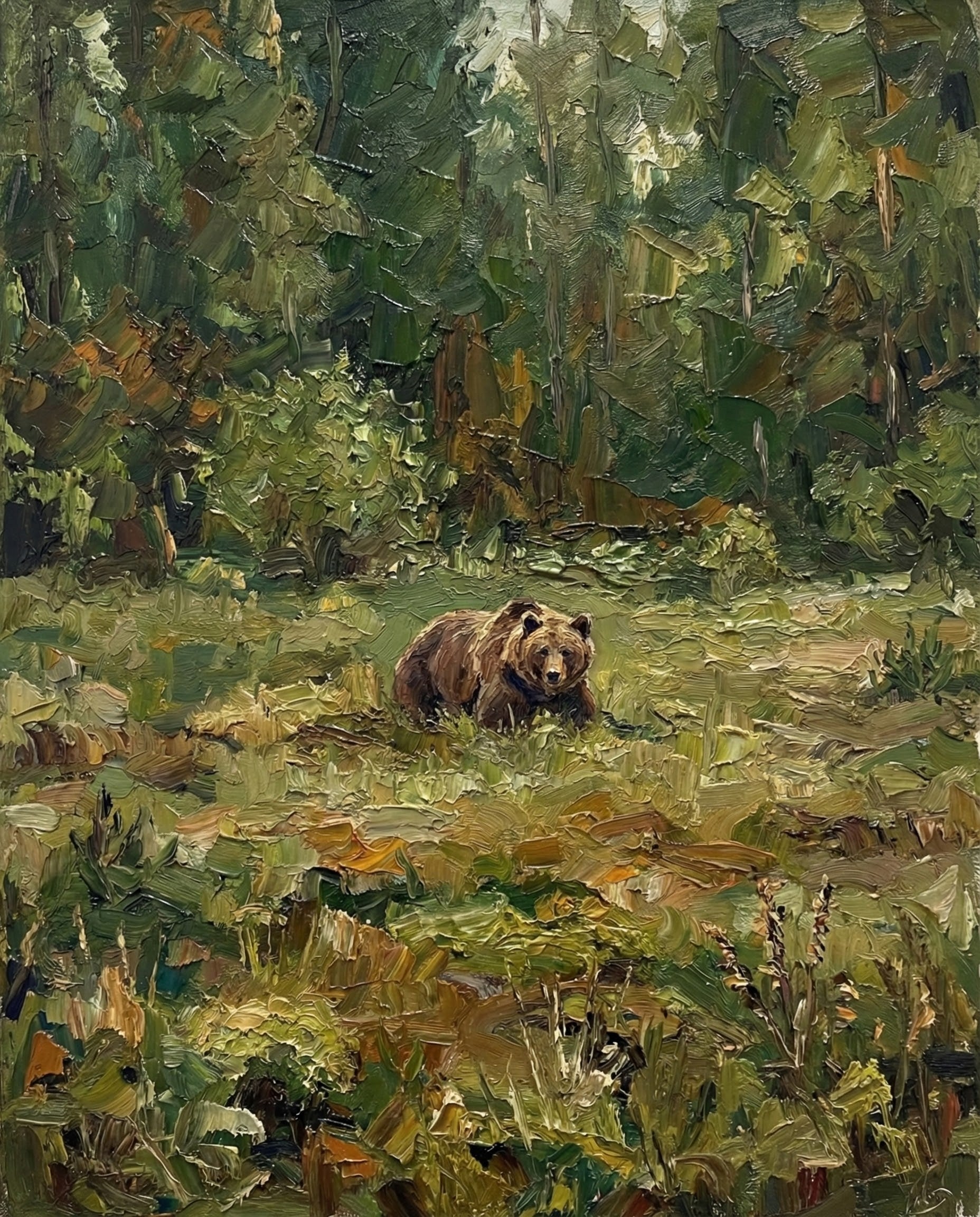 A wide landscape oil painting showing a lone brown bear resting on the grass in a clearing surrounded by dense forest. The soft light and painterly strokes evoke a peaceful, natural setting.