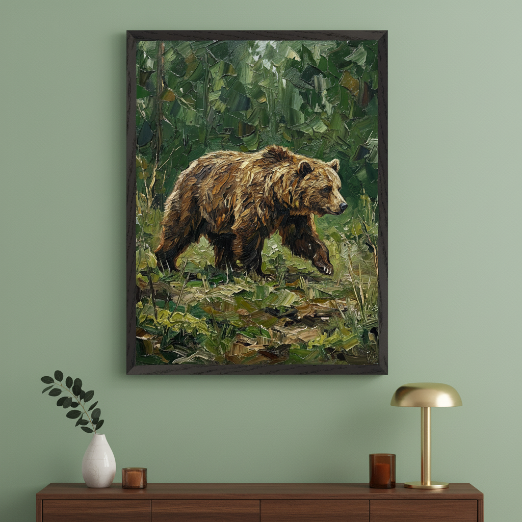 Modern room with a dark wood dresser against a sage green wall. A large framed impasto oil painting of a brown bear in a forest hangs centered above the dresser. A vase, candle, and gold lamp are on the dresser.