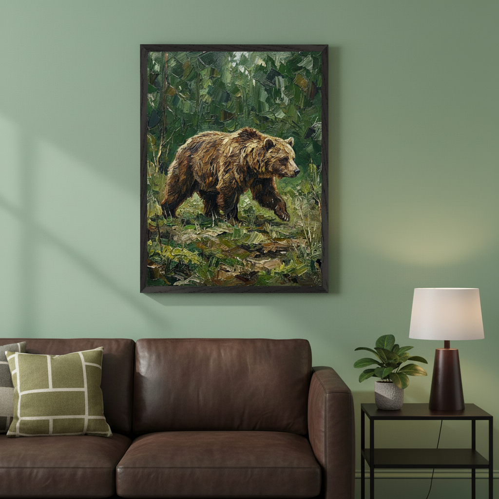 Living room with a green wall and brown leather sofa. A framed impasto oil painting of a brown bear walking in a forest hangs above the sofa. A side table with a lamp and plant is to the right.