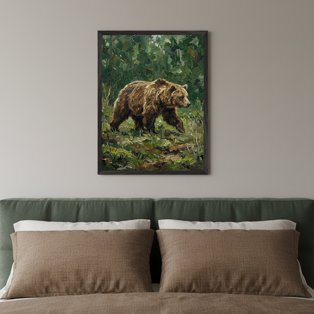 Modern bedroom with a dark green upholstered headboard and brown pillows. A framed oil painting of a brown bear walking through a textured green forest hangs on the light gray wall above the right side of the bed.