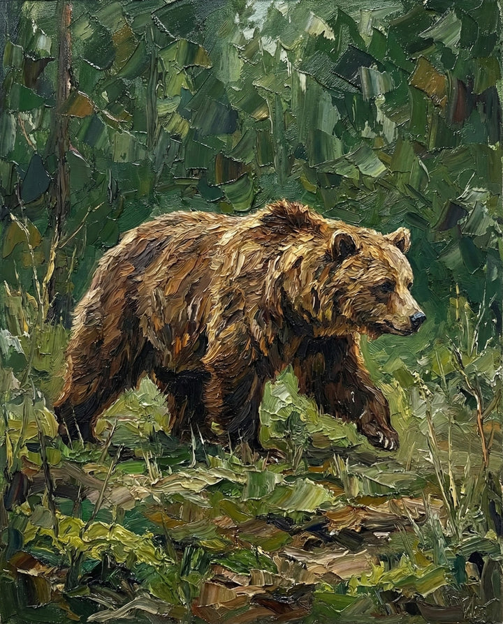 An impressionistic oil painting of a brown bear walking through thick forest greenery, with bold, textured brushstrokes capturing the bear’s fur and the depth of surrounding plants. The composition conveys movement and natural presence.
