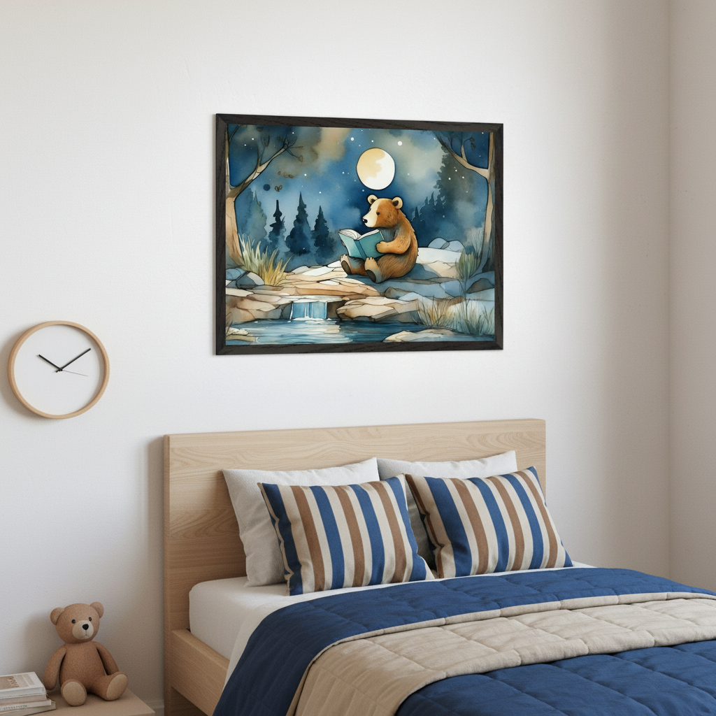 Kid's bedroom with a light wood bed, blue and brown striped pillows, and a blue quilt. A teddy bear is on a bedside table. A framed watercolor painting of a bear reading a book by a moonlit stream in a forest hangs above the bed. A minimalist wood clock is on the left wall.