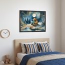 Kid's bedroom with a light wood bed, blue and brown striped pillows, and a blue quilt. A teddy bear is on a bedside table. A framed watercolor painting of a bear reading a book by a moonlit stream in a forest hangs above the bed. A minimalist wood clock is on the left wall.
