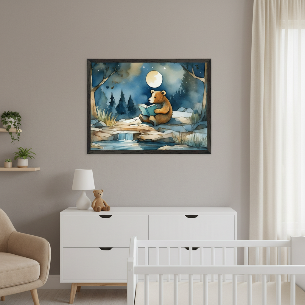 Modern nursery with a beige wall. A large framed watercolor print of a brown bear reading a book by moonlight in a forest with a stream hangs above a white dresser. A white crib is to the right, and a beige armchair is to the left.