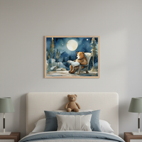 Kid's bedroom with a bed and beige headboard. Framed watercolor art of a bear reading a book under a full moon in a snowy forest at night hangs centered above the bed. A teddy bear is on the bed.