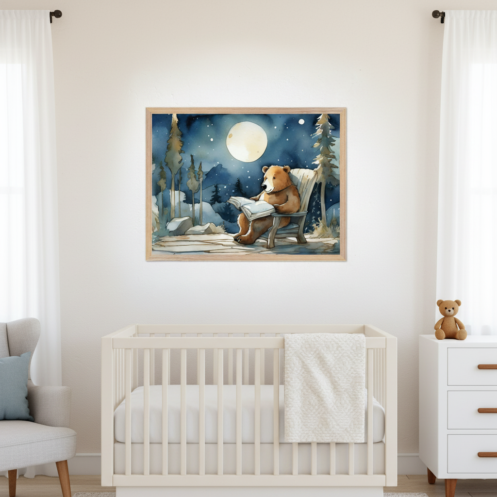 Modern nursery with a white crib, light gray armchair, and white dresser. A framed watercolor painting of a bear reading under a full moon in a starry winter forest hangs centered above the crib.