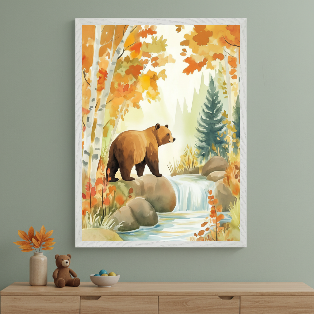 Modern kid's room with a light wooden dresser. A large framed watercolor painting of a brown bear on rocks by a waterfall in an autumn forest hangs centered above the dresser.