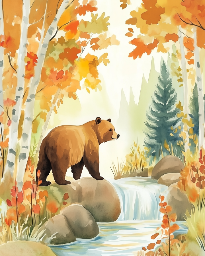 A brown bear stands on rocks beside a flowing stream in an autumn forest, surrounded by vibrant orange and yellow foliage and tall birch trees.