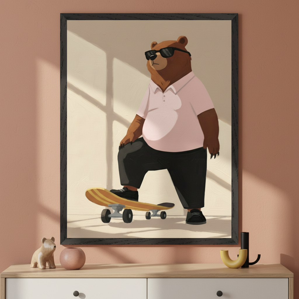 Modern room with a peach wall. A large framed illustration of a brown bear wearing sunglasses, a pink polo shirt, and black pants, standing with one foot on a skateboard, hangs above a light wood and white dresser.