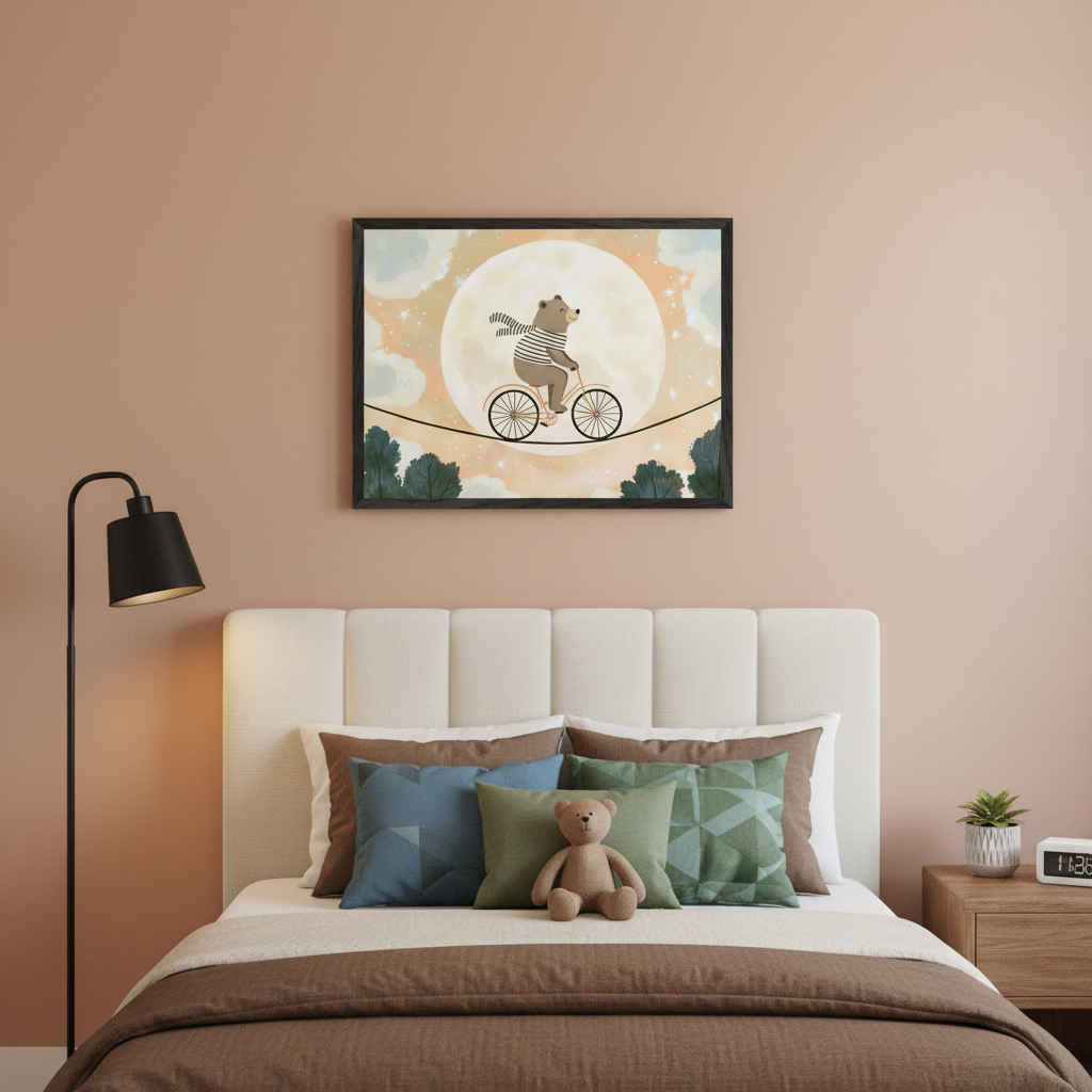 Kid's bedroom features a cream upholstered bed with brown bedding, a teddy bear, a black floor lamp, and a wooden nightstand with a plant and digital clock. A framed whimsical illustration of a bear riding a bicycle on a tightrope over a full moon with clouds and trees hangs centered above the bed.