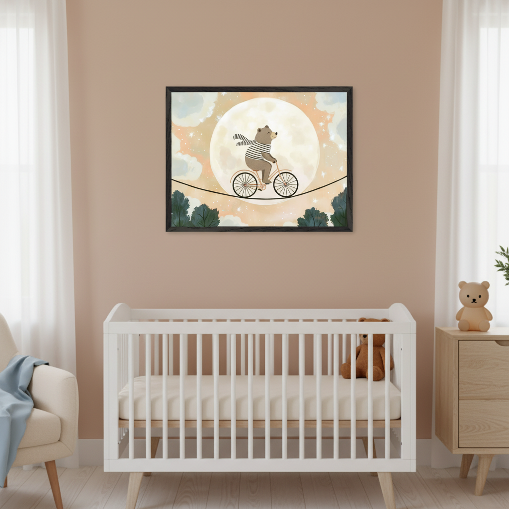 Modern nursery with a white crib, beige armchair, and wood dresser. Centered above the crib, a framed artwork depicts a cartoon bear in a striped shirt riding a bicycle on a tightrope across a large moon with stars.