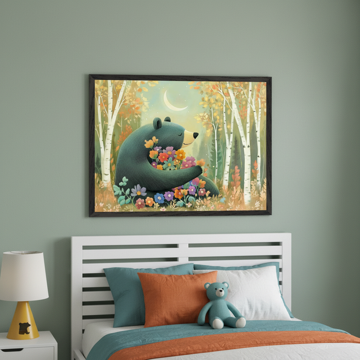 Kid's bedroom with a white bed and nightstand. A framed illustration of a dark green bear holding colorful flowers in a birch forest under a crescent moon hangs above the bed on a sage green wall.