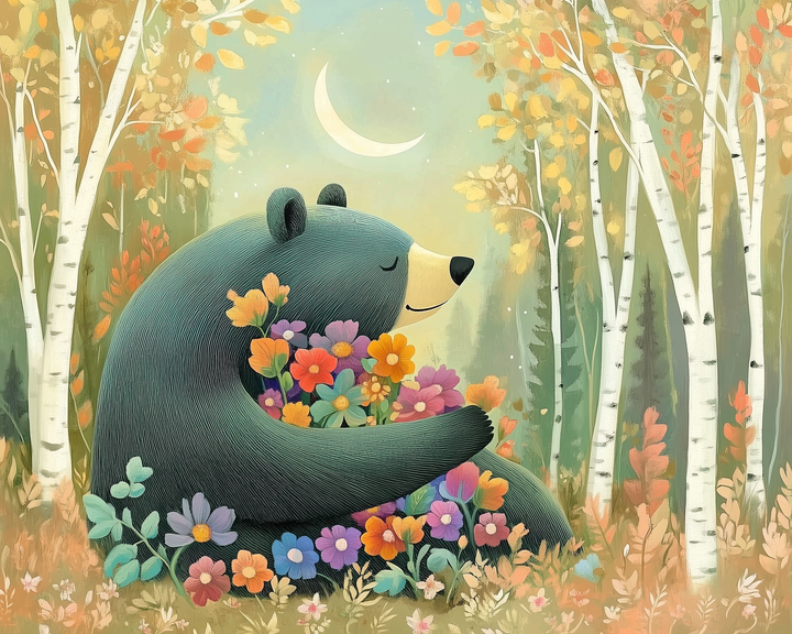 A whimsical illustration of a bear peacefully hugging a colorful bouquet of flowers in a forest. The bear looks content with its eyes closed, surrounded by birch trees with autumn leaves. A crescent moon hangs in the soft, pastel sky, adding to the serene atmosphere.
