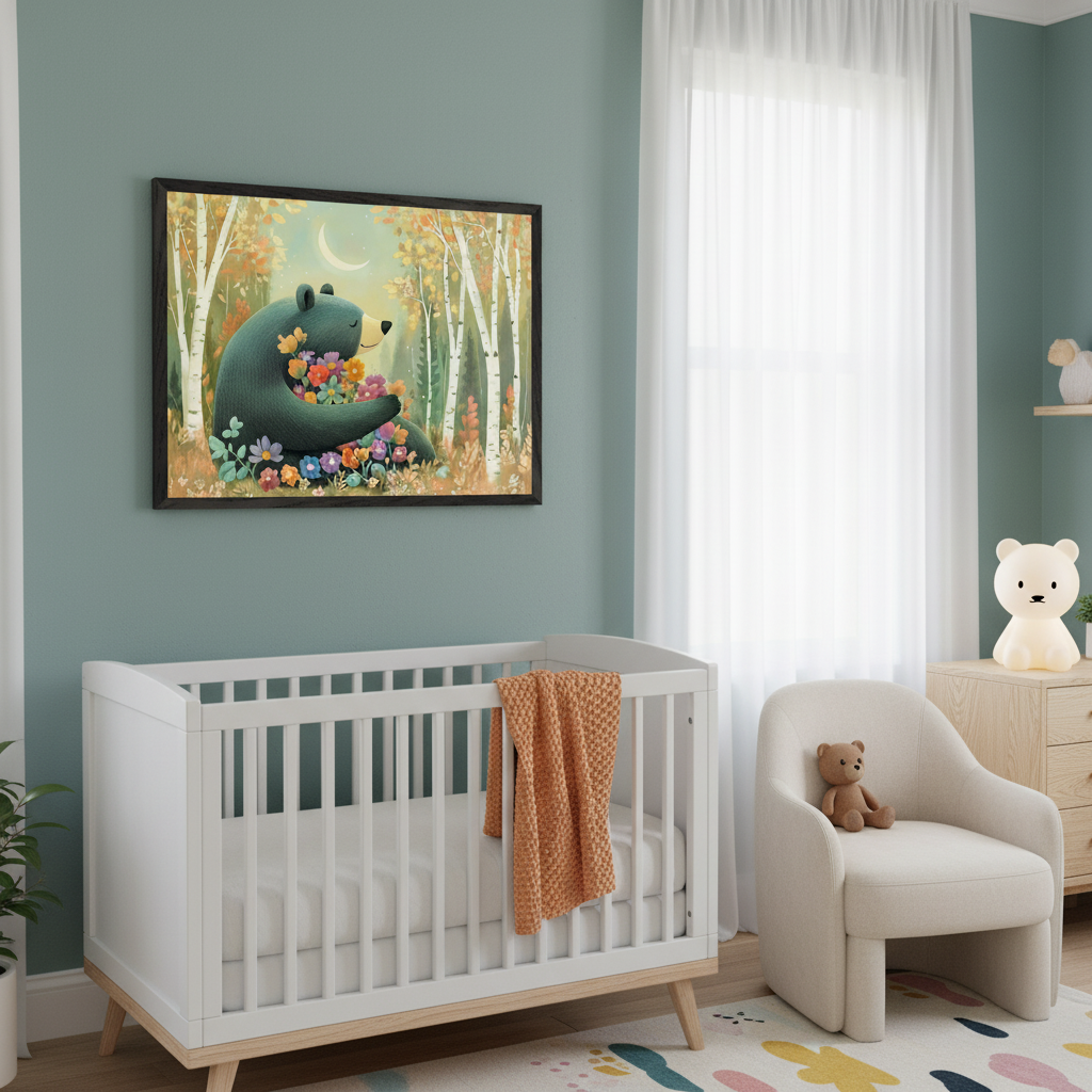 Modern nursery with a white crib against a teal wall. A large framed illustration of a dark green bear surrounded by colorful flowers in a forest with a crescent moon hangs centered above the crib. A cream armchair and wood dresser are also visible.