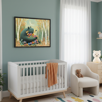 Modern nursery with a white crib against a teal wall. A large framed illustration of a dark green bear surrounded by colorful flowers in a forest with a crescent moon hangs centered above the crib. A cream armchair and wood dresser are also visible.
