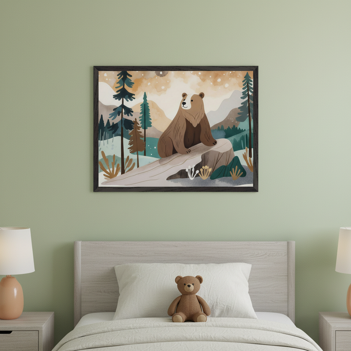 Kid's bedroom with a light wood bed, white bedding, and a teddy bear. Nightstands with lamps flank the bed. Above the bed, a framed cartoon illustration depicts a brown bear on a log in a forest landscape under a speckled sky.