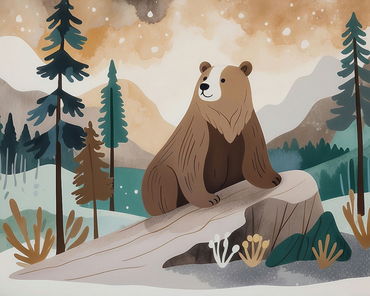 A charming illustration of a brown bear sitting on a large rock, surrounded by stylized evergreen trees and snowy mountains in the background. The scene is painted in soft, earthy tones, creating a serene and whimsical forest atmosphere.