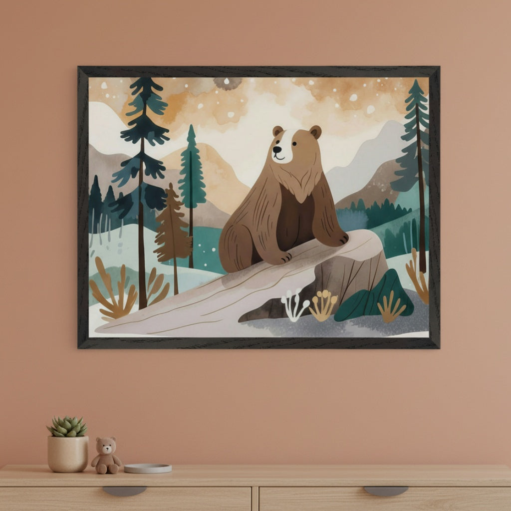 Modern kid's bedroom with a light wood dresser. A framed illustrative print of a brown bear on a log in a forest with mountains hangs above the dresser. A succulent and teddy bear are on the dresser.
