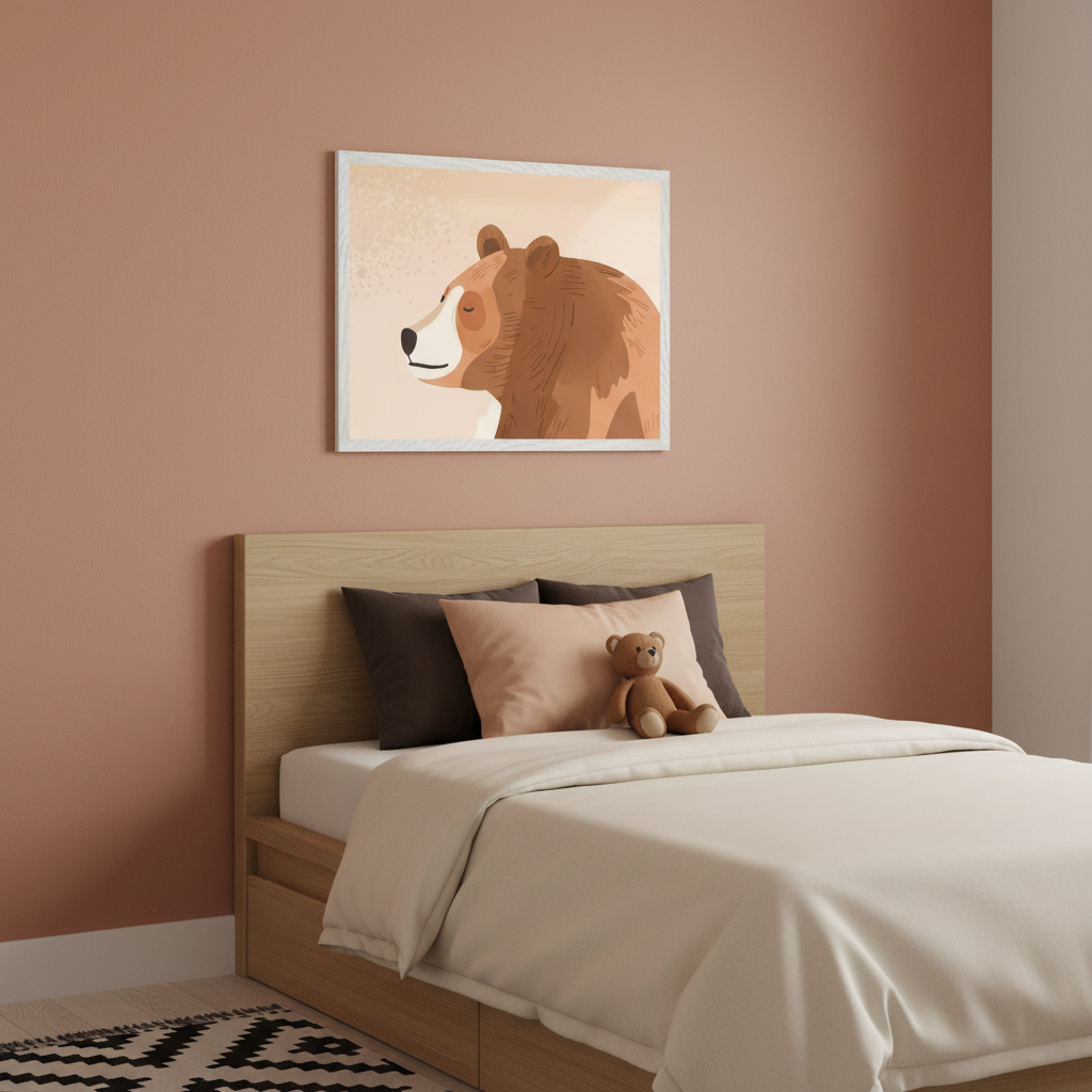Kid's bedroom with a light wood bed and beige bedding. A framed illustration of a brown bear with closed eyes looking left hangs centered above the headboard. The bed has dark and peach pillows and a teddy bear.