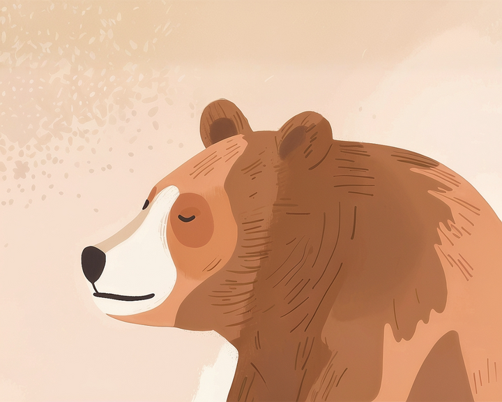 A serene illustration of a brown bear with its eyes closed, set against a soft, textured beige background.