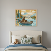 Cozy bedroom with an upholstered bed, cream pillows, and a teddy bear. A framed watercolor painting of a bear fishing from a boat on a lake with mountains and trees is centered above the bed.