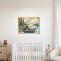 Modern nursery with a white crib, wooden dresser, and white armchair. A framed watercolor painting of a bear fishing in a boat on a lake with mountains and trees hangs centered above the crib.