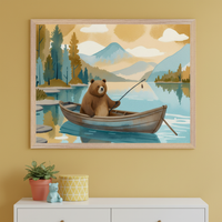 A friendly brown bear sits in a wooden rowboat holding a fishing pole, floating on a calm mountain lake surrounded by pine trees and misty hills. The warm colors and peaceful setting give the artwork a cozy, storybook charm.