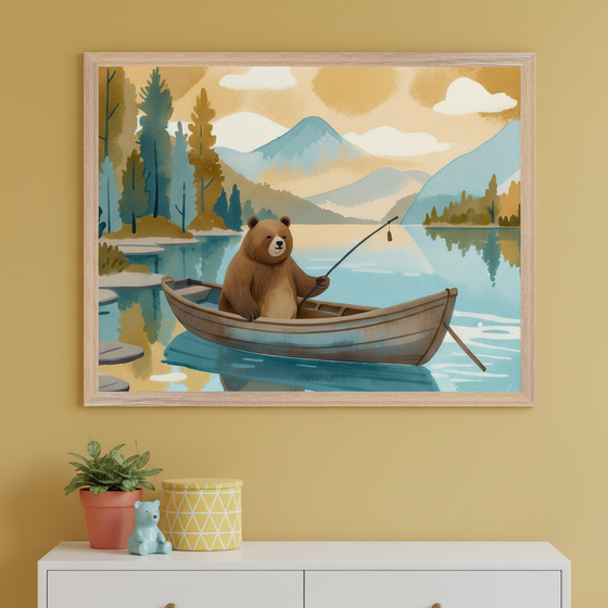 A friendly brown bear sits in a wooden rowboat holding a fishing pole, floating on a calm mountain lake surrounded by pine trees and misty hills. The warm colors and peaceful setting give the artwork a cozy, storybook charm.