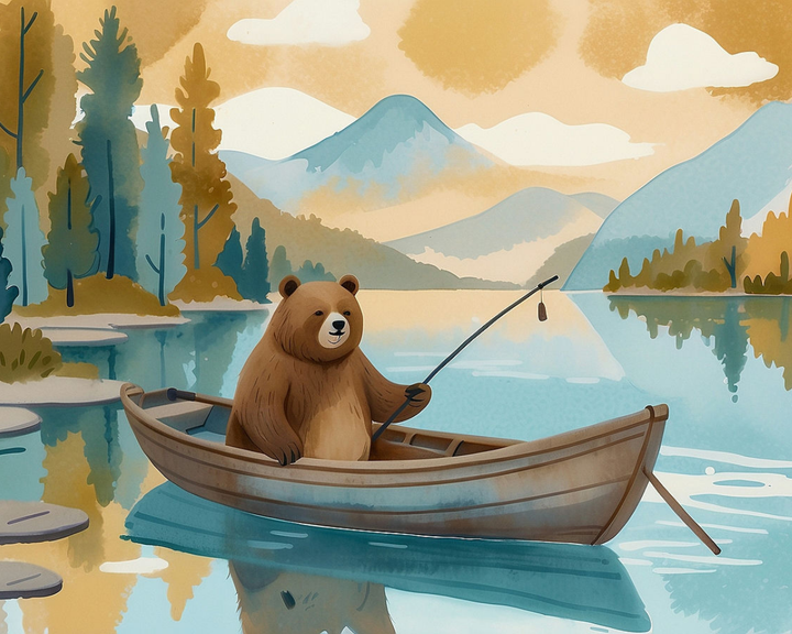 A whimsical illustration of a bear sitting in a wooden rowboat, holding a fishing rod on a serene lake surrounded by trees and mountains under a partly cloudy sky.