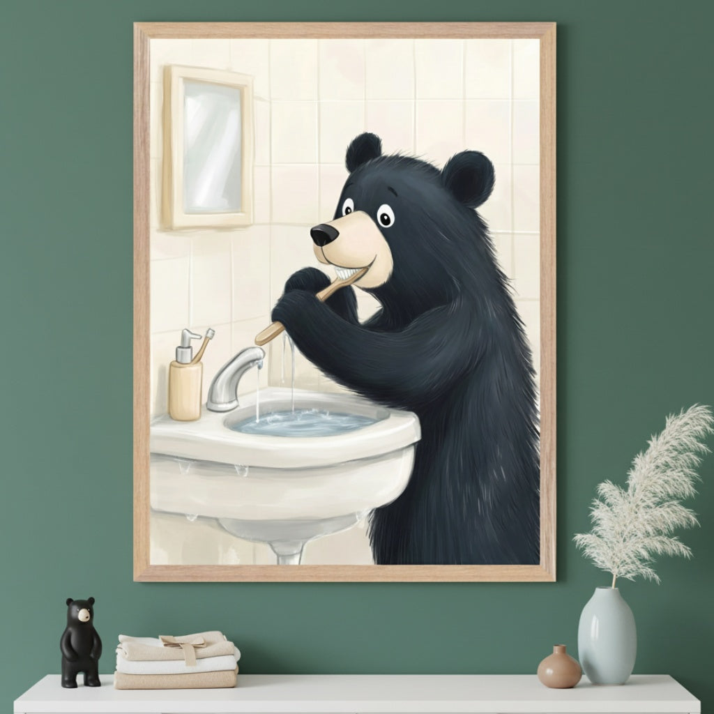 Modern kid's room with a dark green wall and white dresser. A large framed print of a cartoon black bear brushing its teeth at a sink hangs centered above the dresser. A black bear figurine, folded towels, and two vases with pampas grass are on the dresser.
