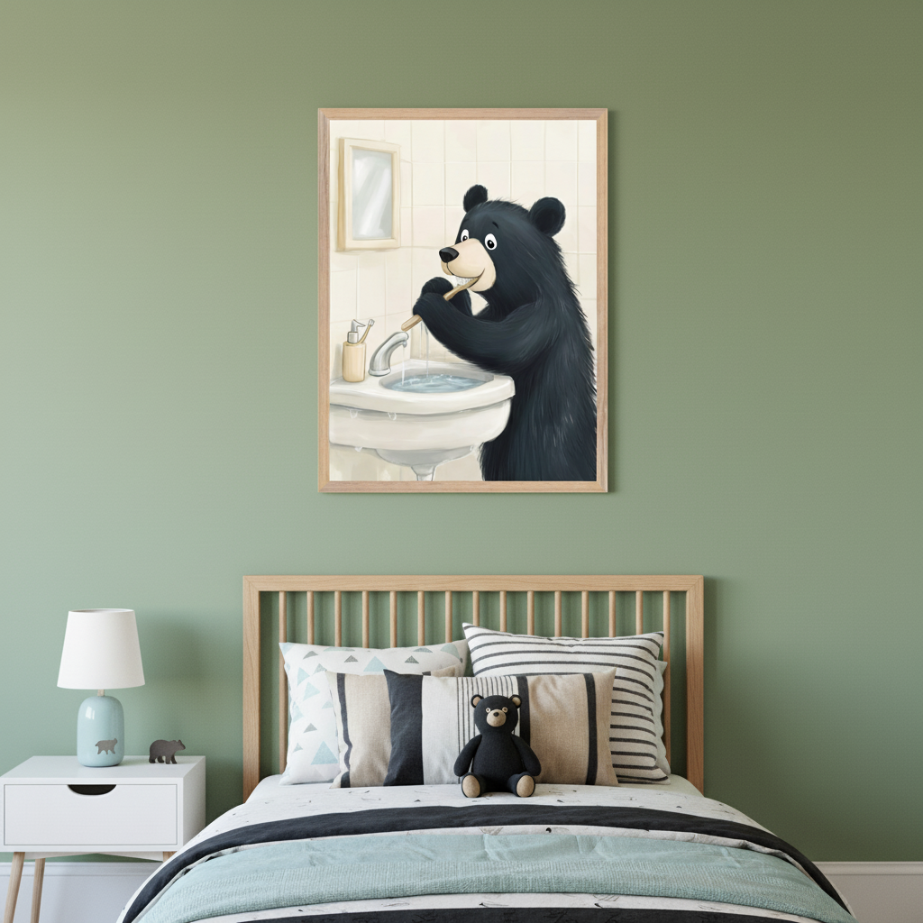 Modern kid's bedroom with light green walls. A light wood bed frame and white nightstand are visible. Centered above the bed, a framed illustration depicts a cartoon black bear brushing its teeth at a sink in a bathroom setting.