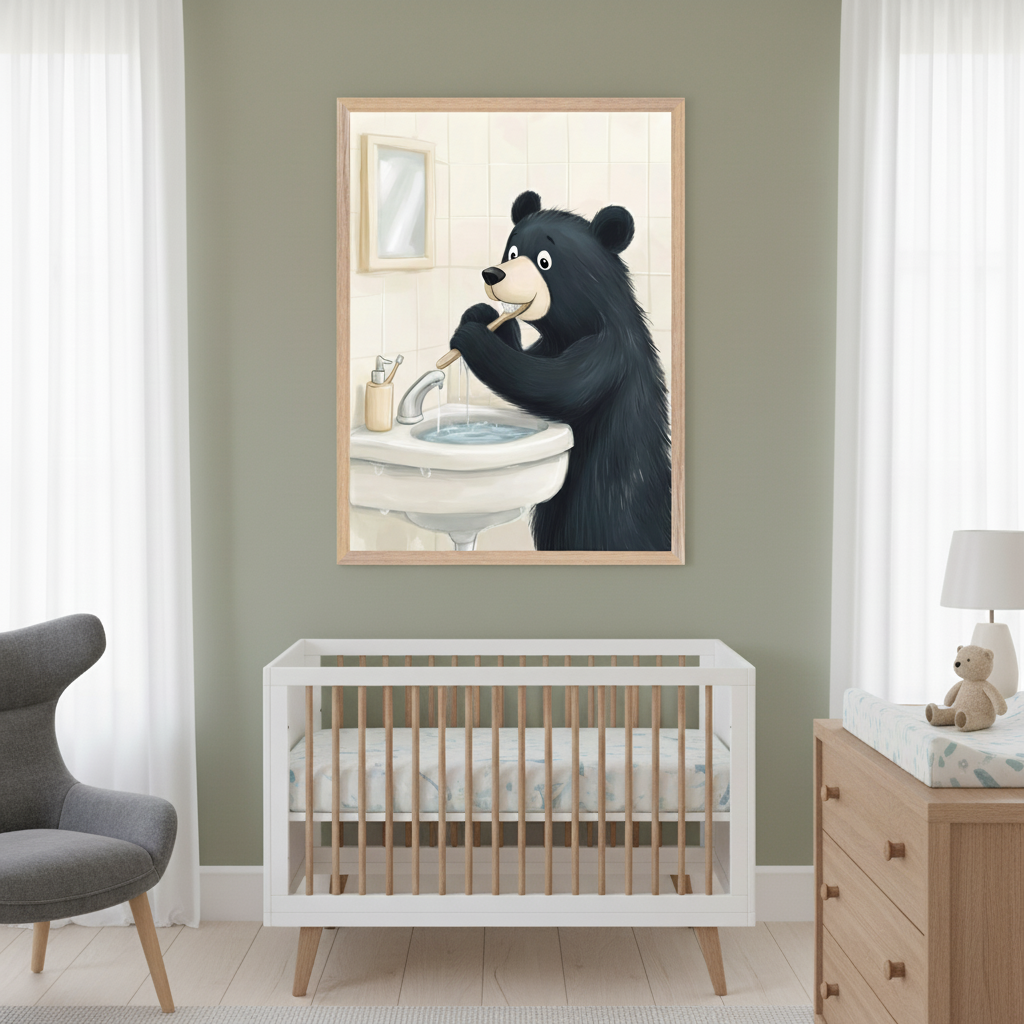 Modern nursery with a white and wood crib, a gray armchair, and a wooden dresser with a changing pad. A large framed illustration of a black bear brushing its teeth at a sink hangs on the sage green wall, centered above the crib.