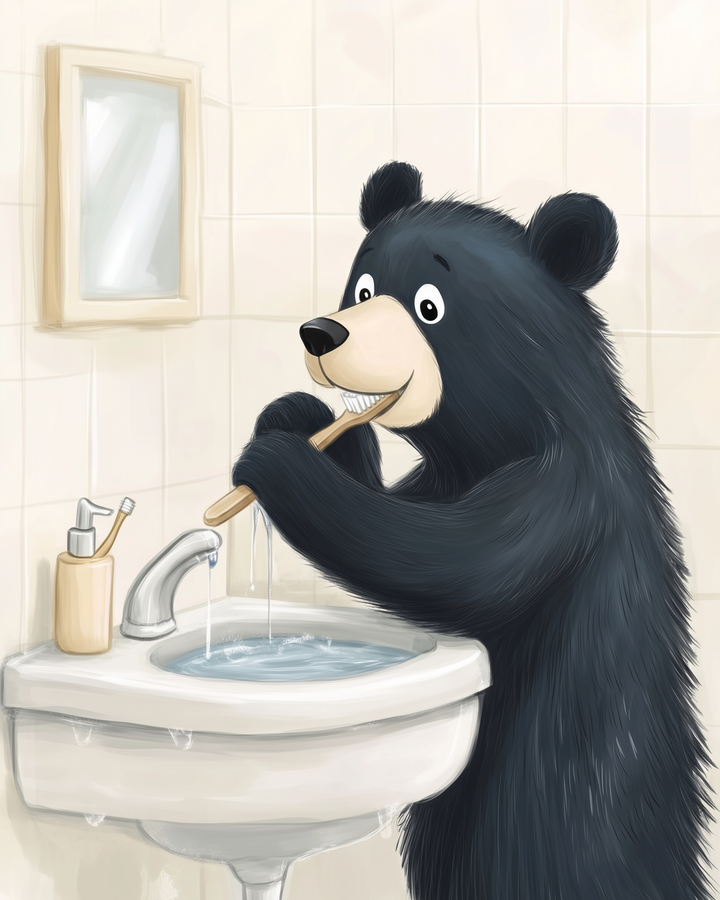 A smiling cartoon bear brushes its teeth with a wooden toothbrush at a tiled bathroom sink, dripping water as it goes. The lighthearted and clean design makes healthy habits fun and accessible for children.
