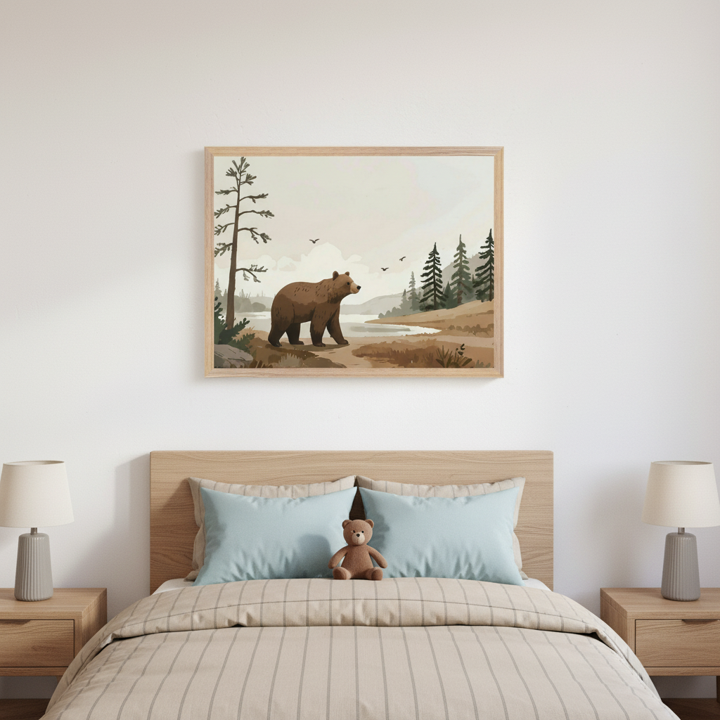 Kid's bedroom with a wooden bed, light blue pillows, and striped duvet. Two nightstands with lamps flank the bed. A framed illustration of a brown bear walking by a river with pine trees and hills hangs centered above the bed.