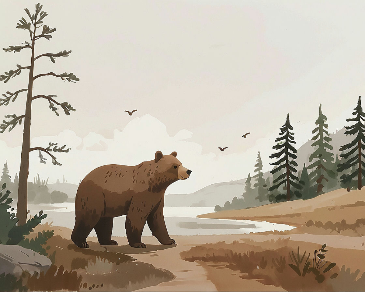 A brown bear walks along a tranquil lakeside surrounded by tall pine trees, with a few birds flying in the cloudy sky above, creating a serene wilderness scene.