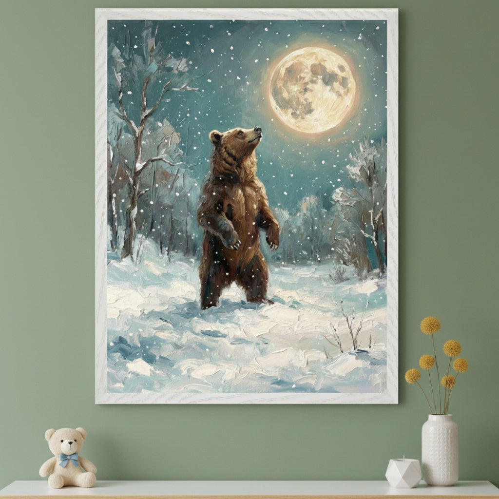 Modern room with a white shelf. A large framed oil painting of a brown bear standing in a snowy forest looking at a full moon hangs centered above the shelf. A teddy bear, vase with yellow flowers, and white candle holder are on the shelf.