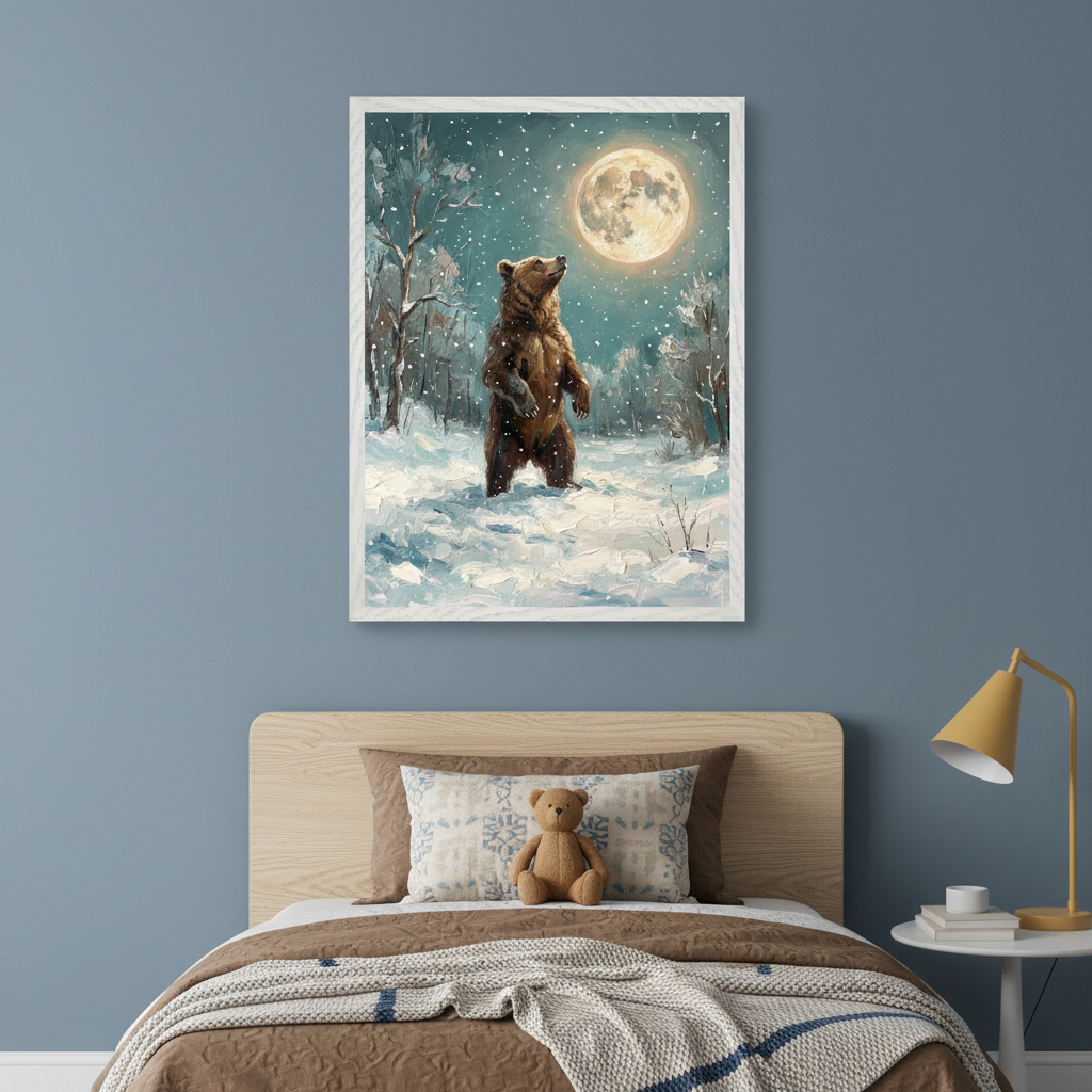 Kid's bedroom with a wooden bed, teddy bear, and yellow lamp. A framed, textured painting of a brown bear in a snowy forest looking at a full moon hangs centered above the bed.