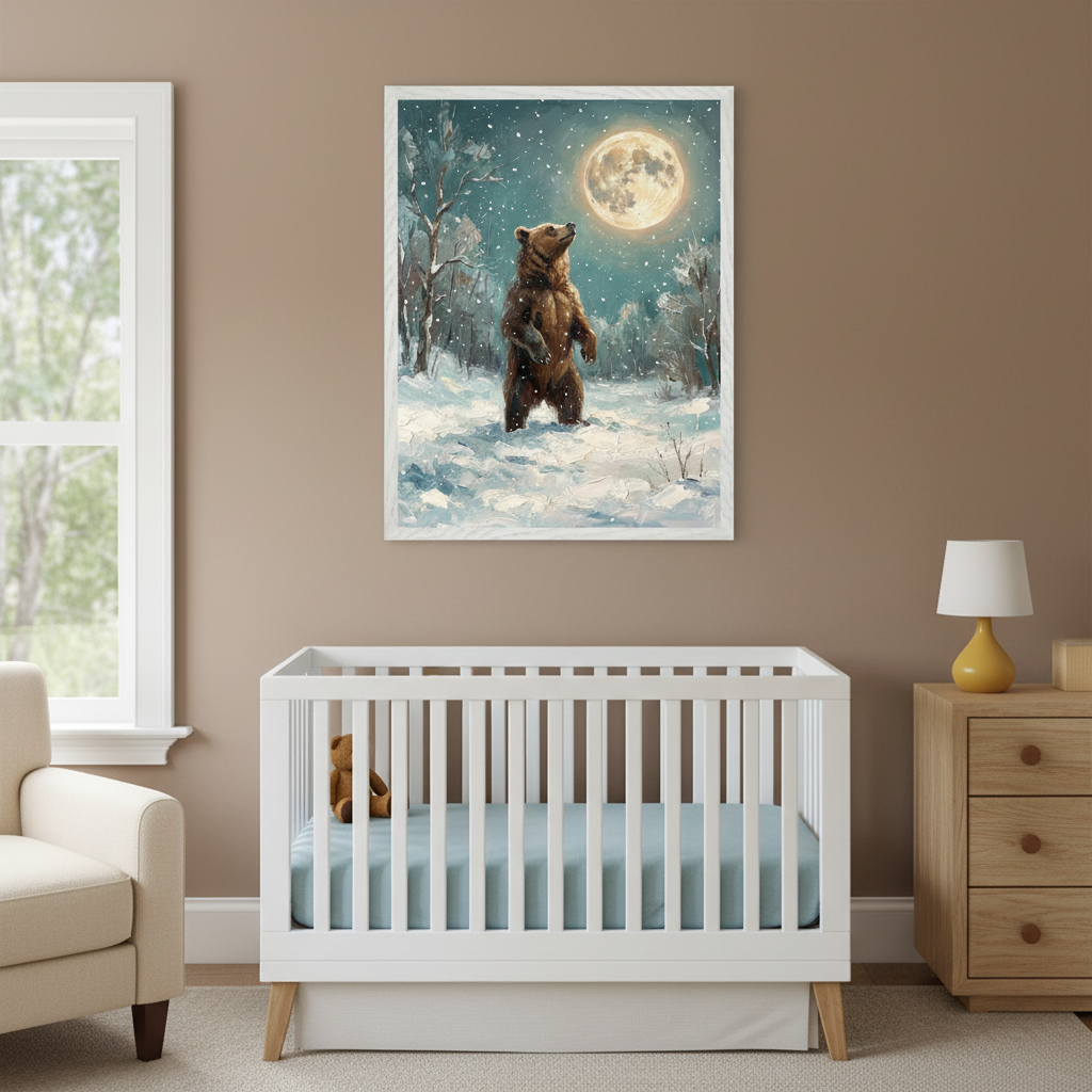 Modern nursery with a white crib, cream armchair, and wooden dresser. A framed painting of a bear in a snowy forest looking at the moon hangs above the crib.
