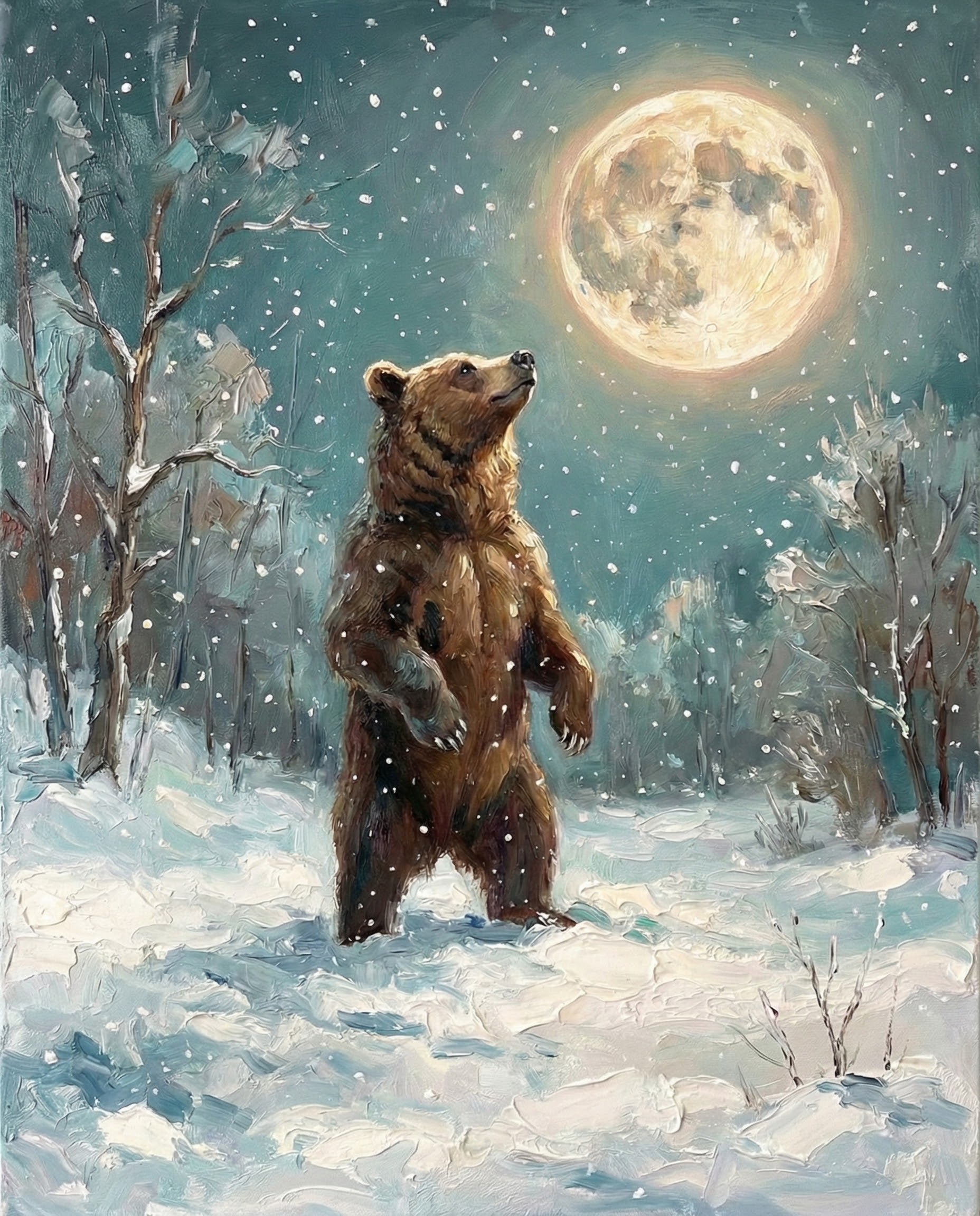 A tall brown bear stands upright in a snowy woodland, bathed in soft moonlight and surrounded by falling snow, capturing the serene beauty of a winter night.
