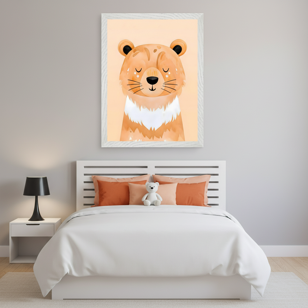 Modern kid's bedroom with a white bed and nightstand. A large framed watercolor print of a sleeping bear is centered above the bed. The orange bear with a white chest is set against a peach background. A white teddy bear rests on the bed with orange and peach pillows.