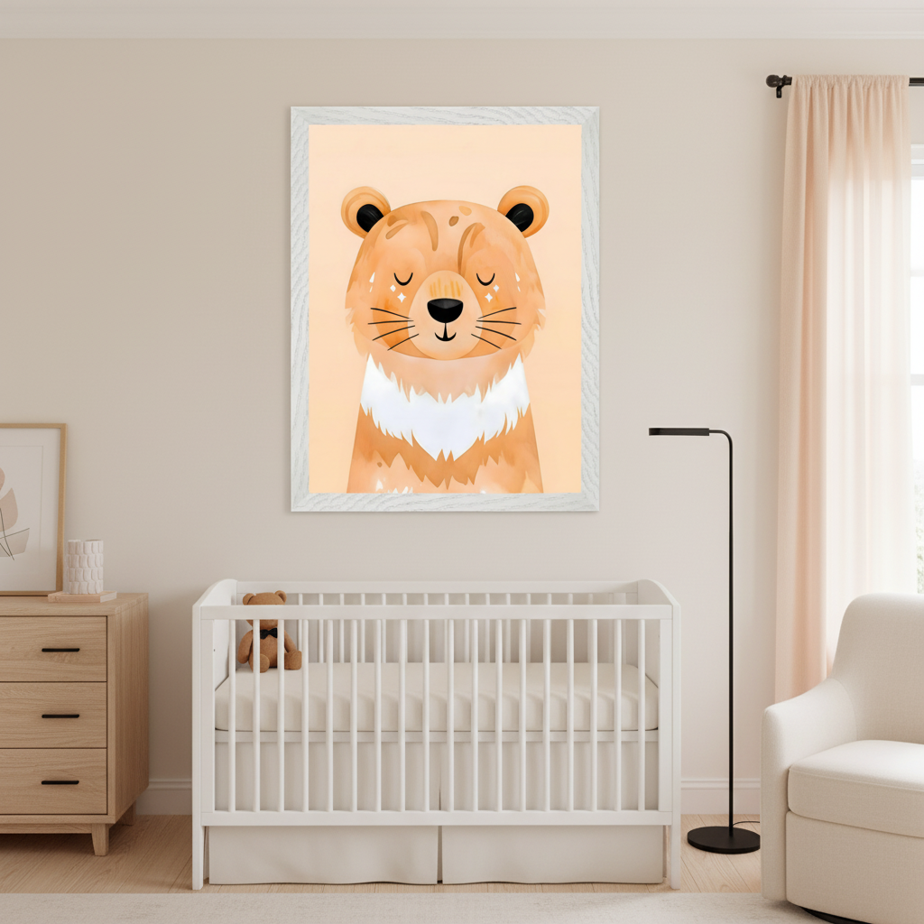 Modern room with a white dresser. A framed watercolor print of a serene orange bear with closed, sparkling eyes and a white chest hangs above the dresser. On the dresser are a white vase with a dried flower, a wooden tray, and a small brown bear figurine.