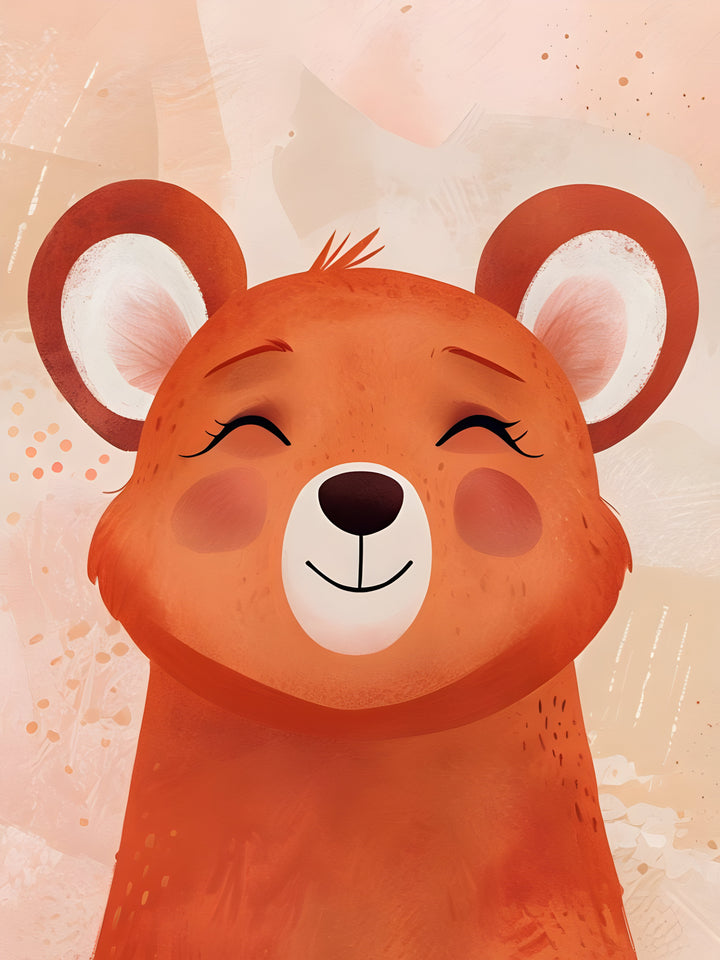 A cheerful illustration of a smiling bear with closed eyes, featuring a warm orange-brown fur and white inner ears. The background is a soft blend of peach and beige tones with abstract patterns, adding to the playful and friendly atmosphere.