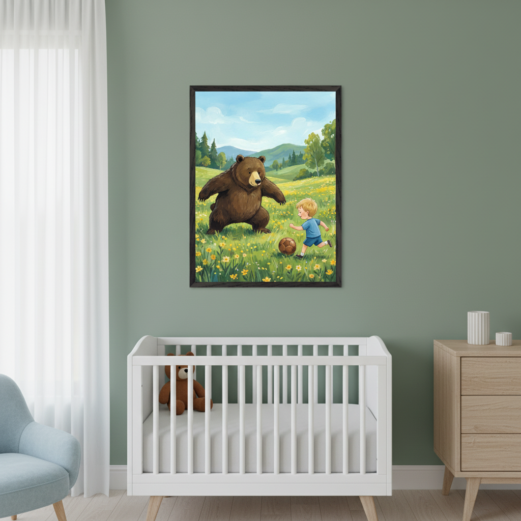 Modern nursery with a sage green wall, white crib, and light wood dresser. Centered above the crib is a framed painting of a brown bear and a boy playing soccer in a flowery field.