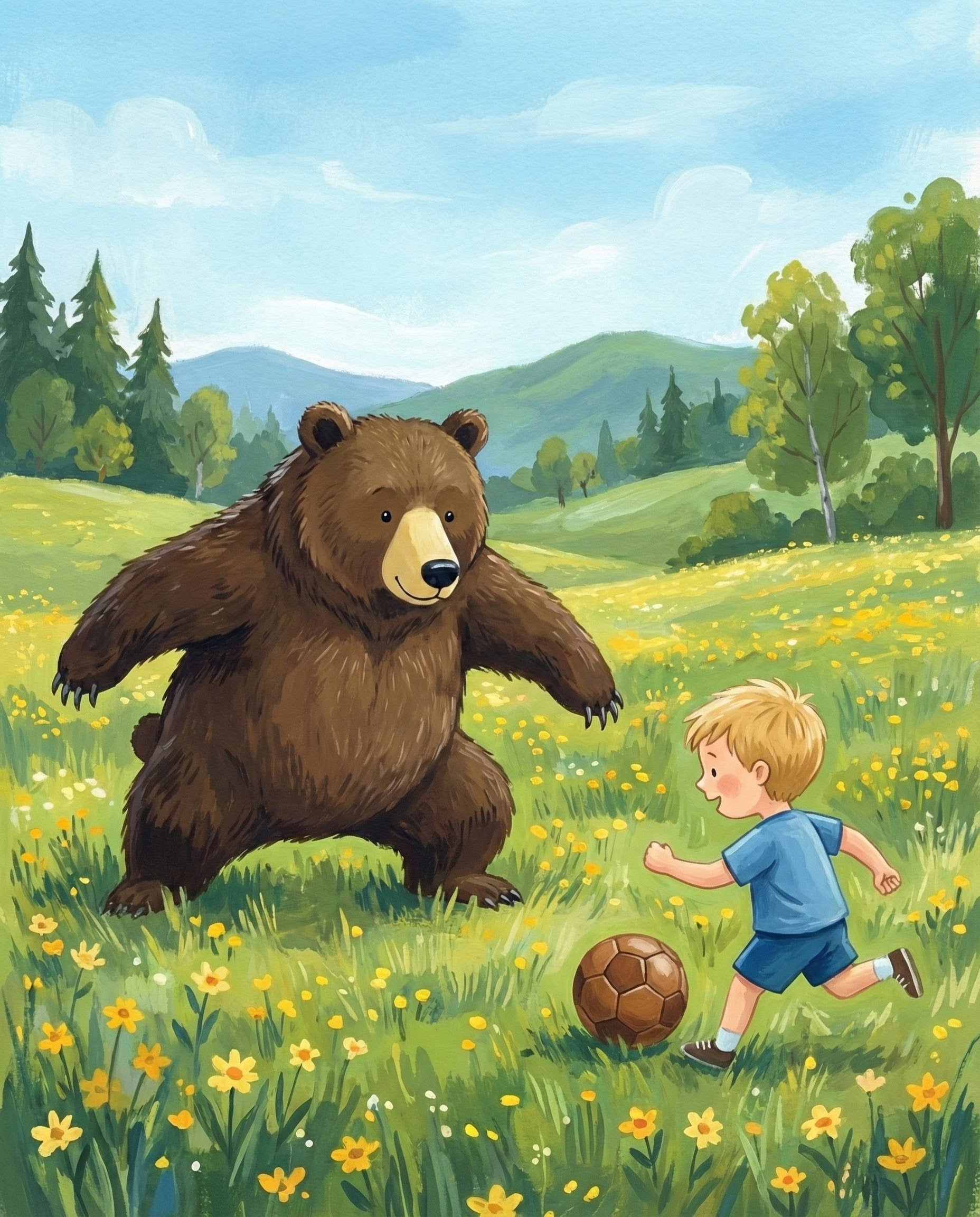 A playful illustration of a bear and a boy chasing a soccer ball in a bright field of yellow wildflowers on a sunny day highlighting the fun and joyful side of bear friendship and the love shared in outdoor adventures
