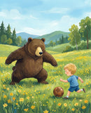 A playful illustration of a bear and a boy chasing a soccer ball in a bright field of yellow wildflowers on a sunny day highlighting the fun and joyful side of bear friendship and the love shared in outdoor adventures
