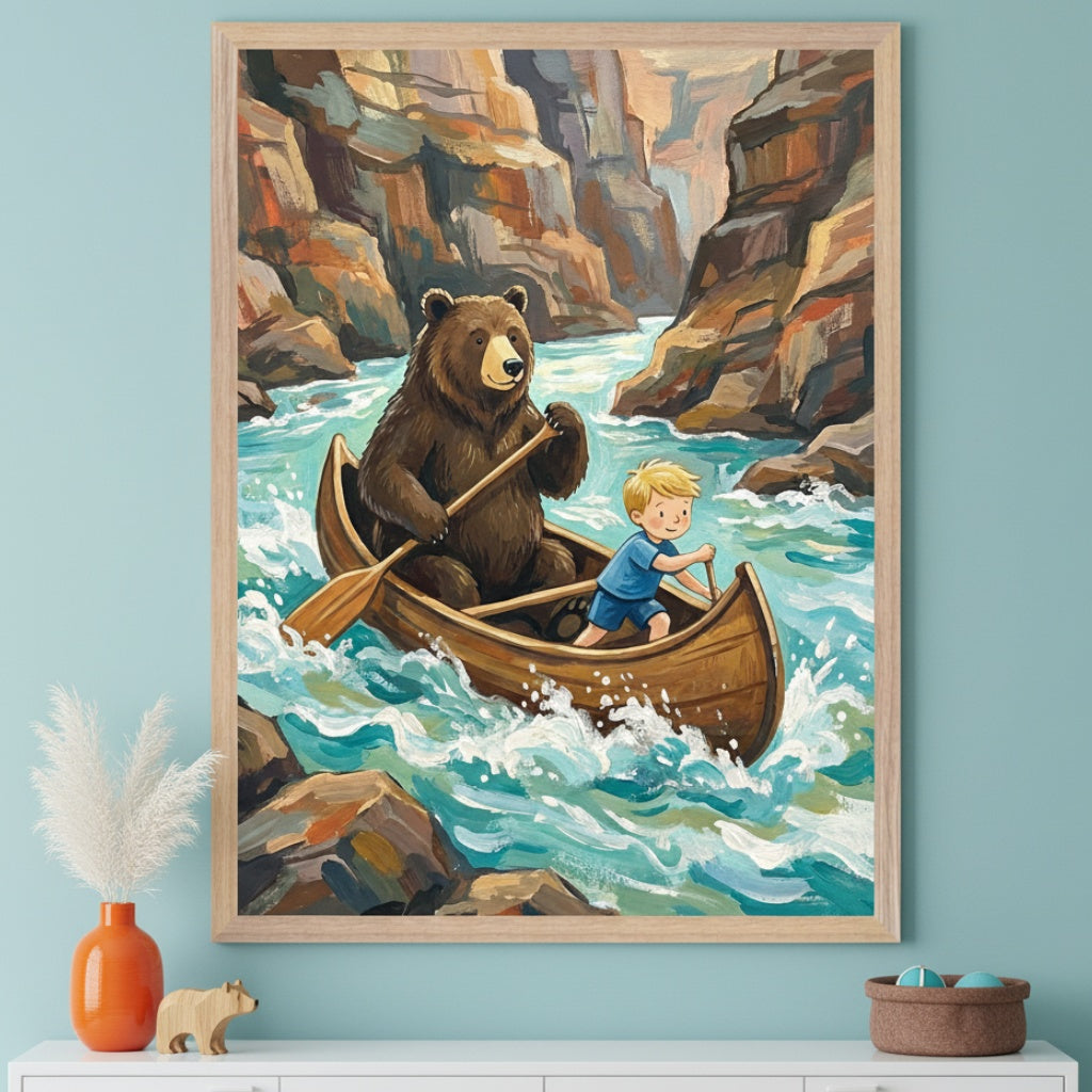 Contemporary room with a white console table. A large framed artwork hangs above the table, depicting an illustrative scene of a brown bear and a small boy in a canoe navigating a rocky river with rapids.