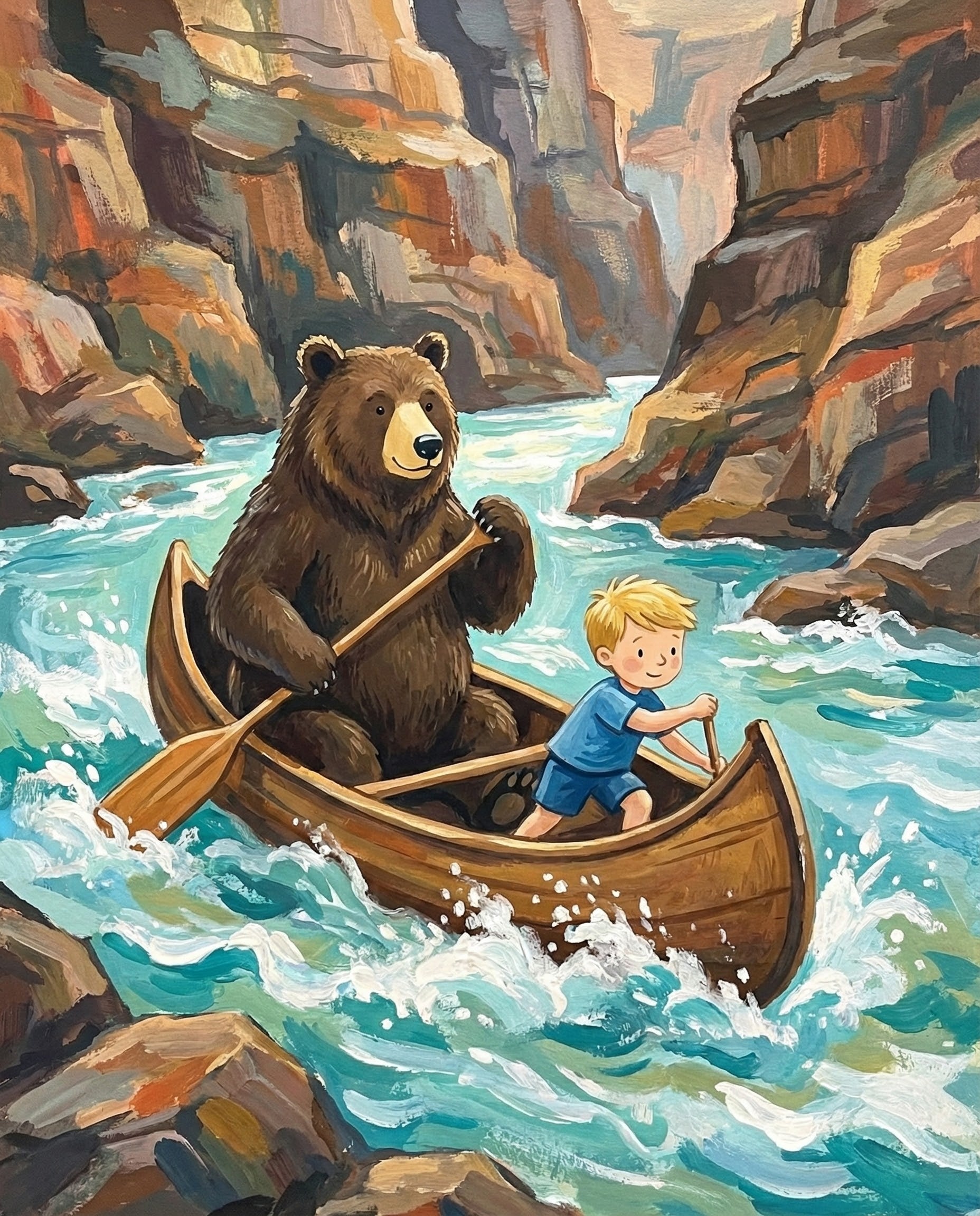 A bear and a young boy paddling together in a wooden canoe down a canyon river with rushing rapids conveying teamwork and the thrill of adventure powered by deep love and friendship between a child and his bear friend
