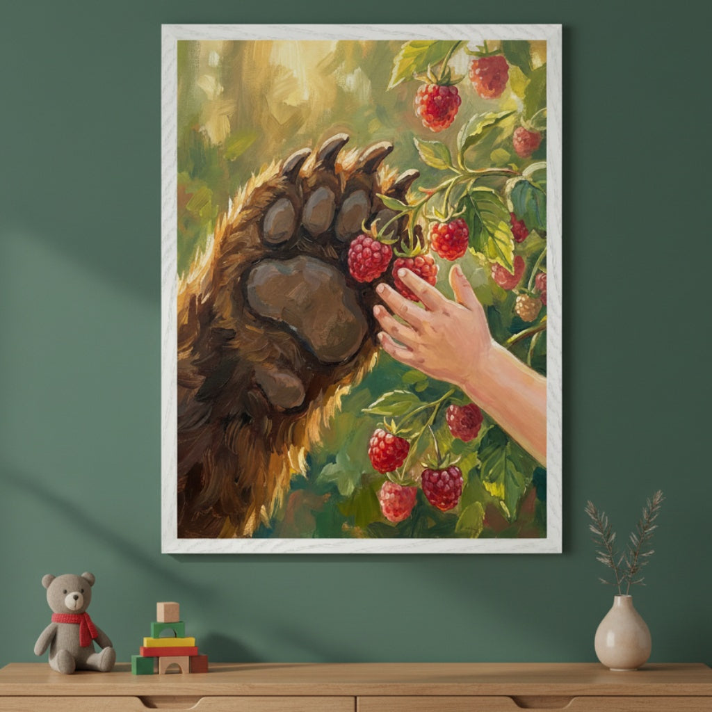 Modern kid's bedroom with a deep green wall. A large framed painting depicting a bear's paw and a child's hand picking raspberries hangs above a light wood dresser. A teddy bear, wooden blocks, and a vase are on the dresser.