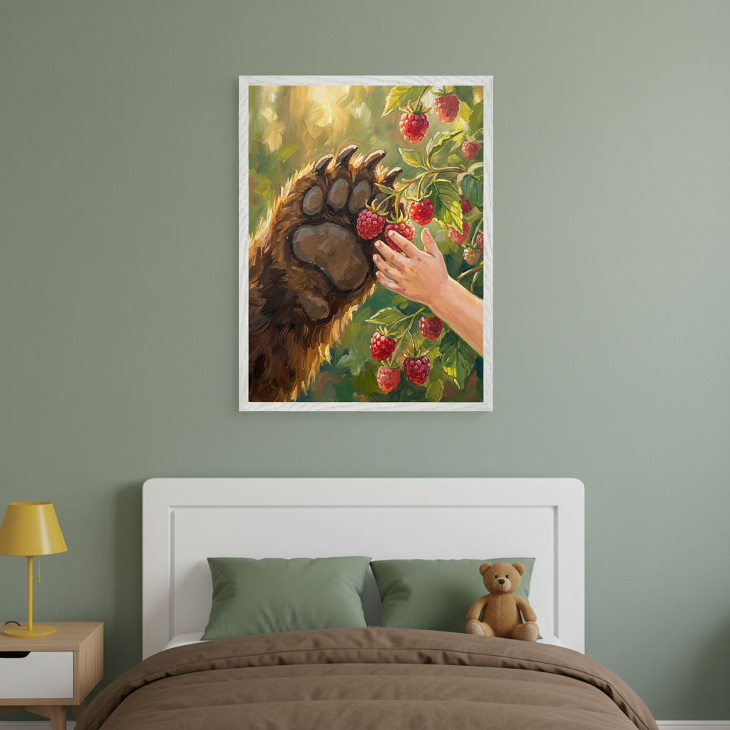 Kid's bedroom with a white headboard and brown bed. A framed painting hangs above the bed, depicting a bear's paw and a child's hand reaching for red raspberries on a bush. A yellow lamp is on a nightstand.