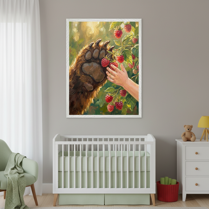 Modern nursery with a white crib, green armchair, and white dresser. A large white-framed painterly artwork hangs on the gray wall above the crib. It shows a bear's paw and a child's hand reaching for red raspberries on a bush.
